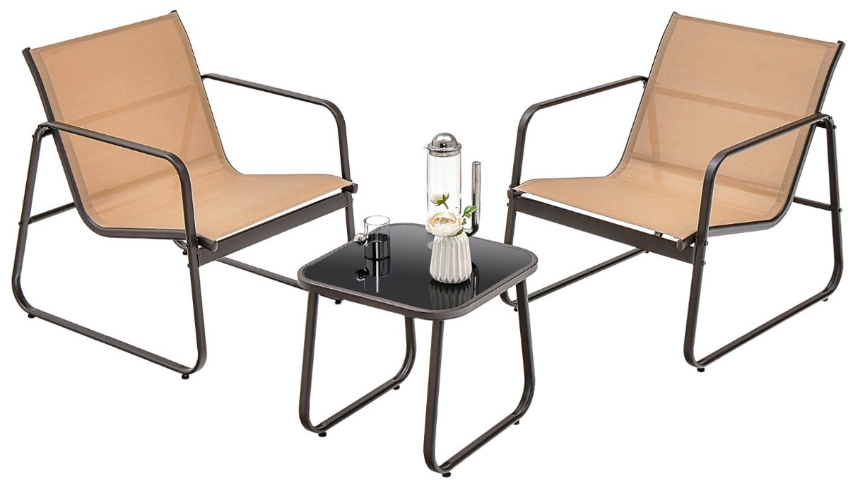 SureDeal® - Tuinset - Delig Tuinmeubelen Ademende - Metalen Belasting Terrasmeubelset - Tafel Gehard Glas - 77x61x75 cm - Koffiebruin