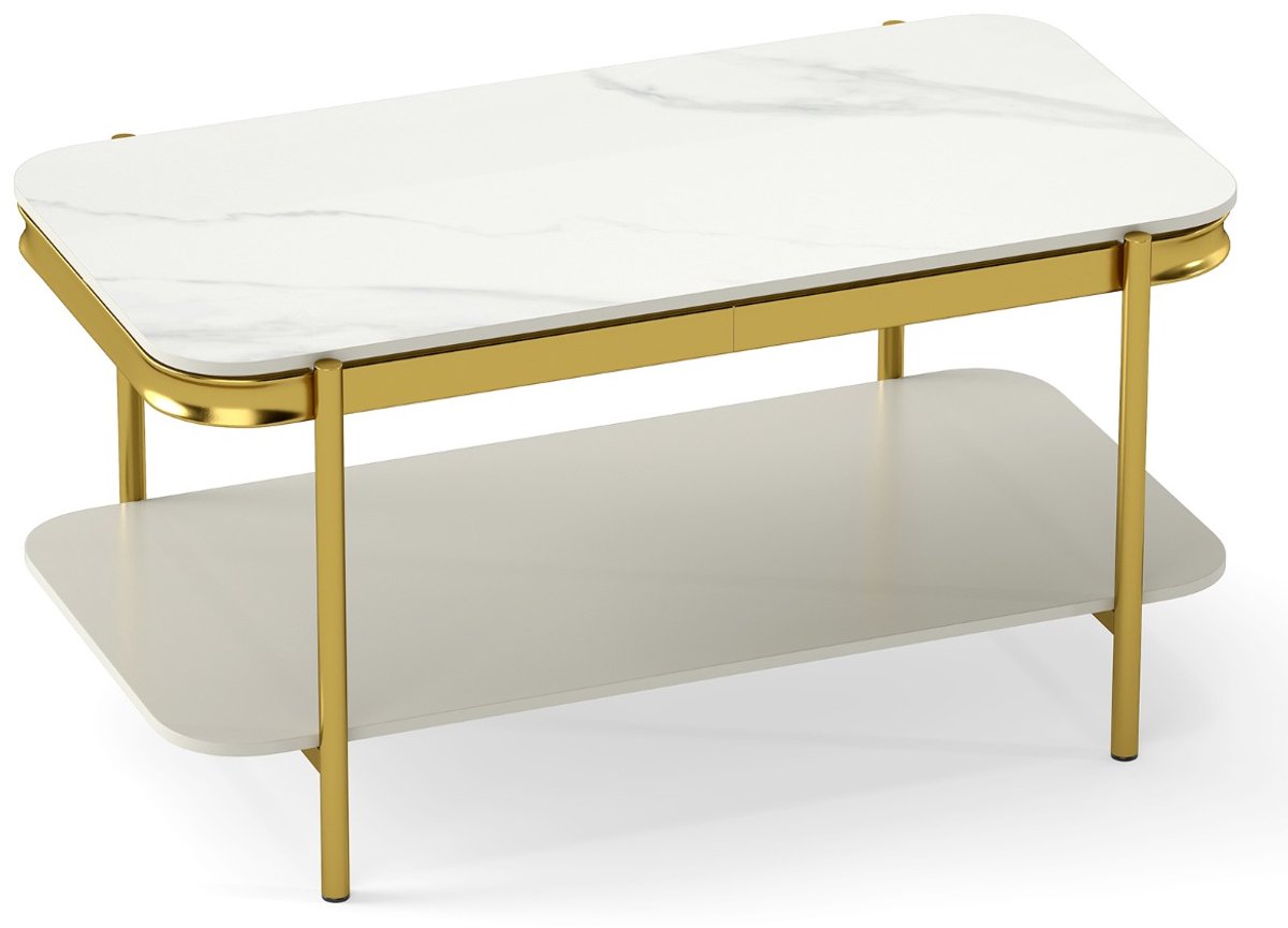 SureDeal® - Salontafel - Rechthoekige Traps - Sintersteen Oppervlak - Opbergvak Moderne Cocktailtafel - Metalen Wit - Grijs - 90x50x45,5 cm - Wit