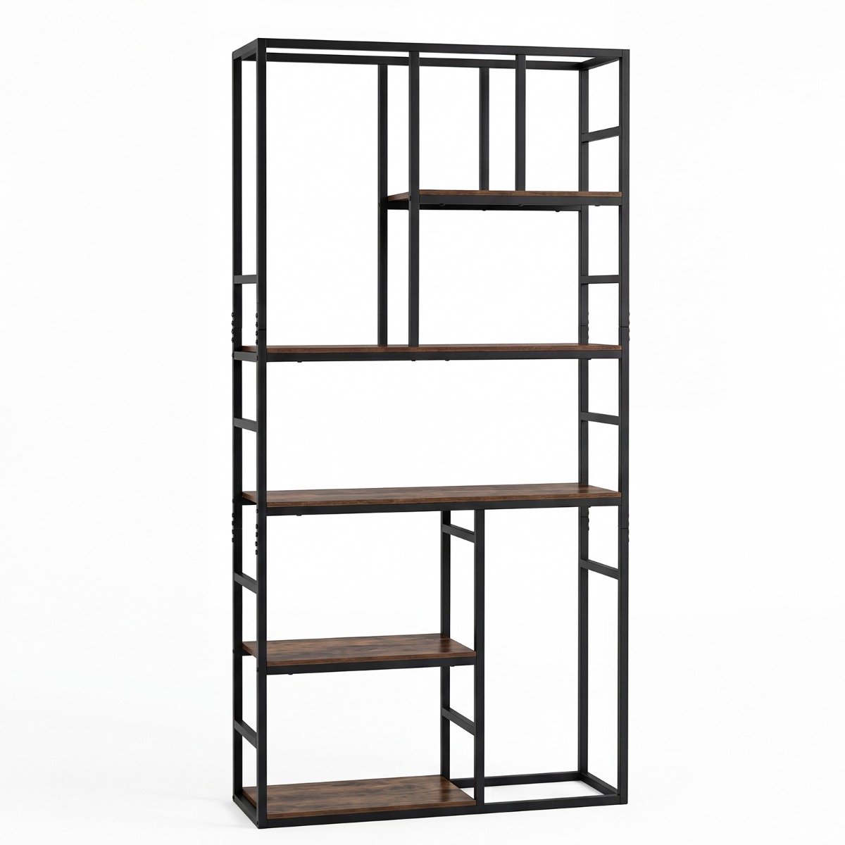SureDeal® - Opbergrek - Hoge Boekenkast Geometrische - Niveaus Open Opbergvak - Metalen - 90x30x180 cm - Koffiebruin