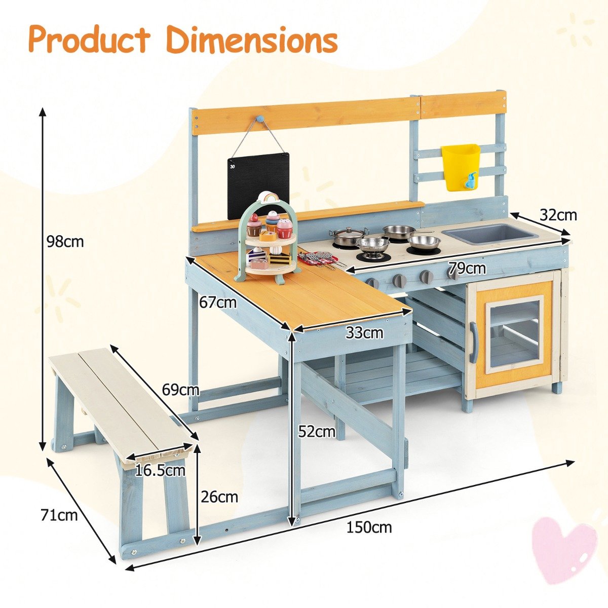 SureDeal® - Rollenspell - Speelkeuken - Kinderen Speelkeuken - Eethoek - Opbergruimte Accessoires Bankje - Krijtbord - 150x71x99 cm - Grijs