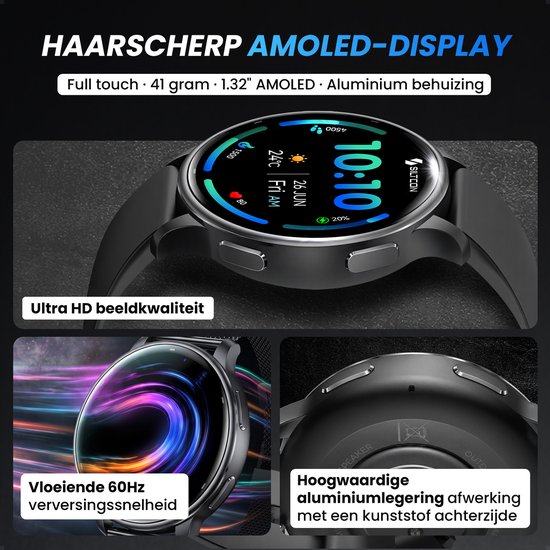 Close-up van Siltcon FitTrack Pro smartwatch met AMOLED scherm, aluminium behuizing en soepele 60Hz verversing.