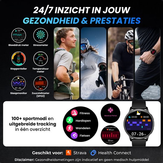 Collage van activiteiten: man loopt, vrouw skiet, man fietst. Smartwatch toont bloeddrukmeter, stappenteller, temperatuurmeter, slaapmonitor.