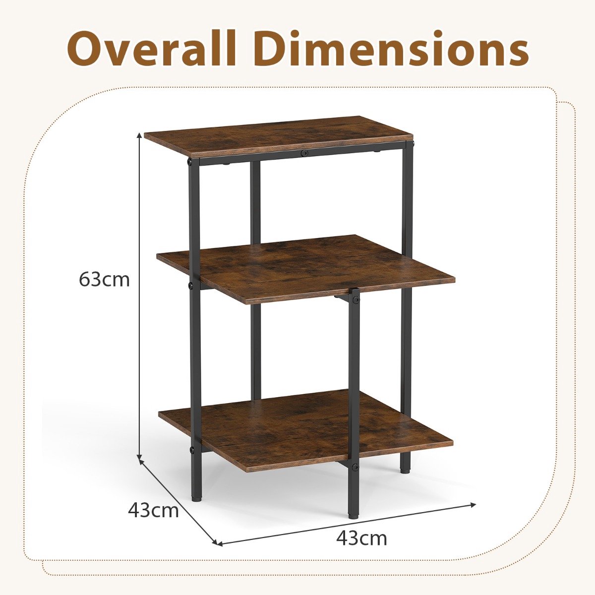 SureDeal® - Bijzettafel - Lagen Vierkante - Open Opbergvakken Industriële - Metalen Salontafel - Woonkamer Slaapkamer - 43x43x63 cm - Koffiebruin