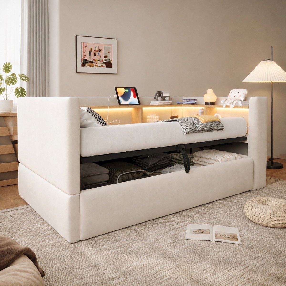 MODENUIT Slaapbank 90 x 190 cm - LED-verlichting en Stopcontacten - Voor Slaapkamer en Woonkamer - Stof Beige