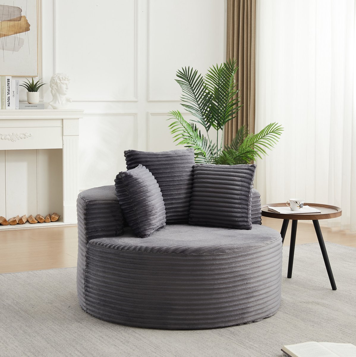 MODENUIT Fauteuil Rond 110 cm - Met 3 Kussens En Brede Armleuningen - Woonkamer En Slaapkamer - Corduroy Grijs