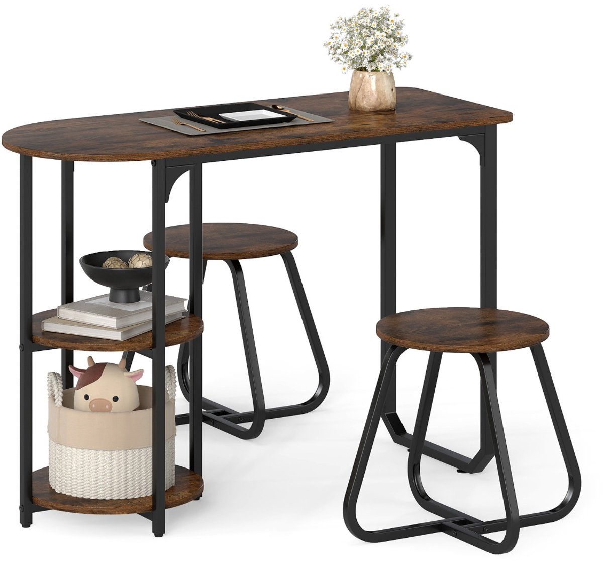 SureDeal® - Eettafel - Delige Industriële Eettafelset - Krukken - Opbergruimte - 110x45x78 cm - Koffiebruin