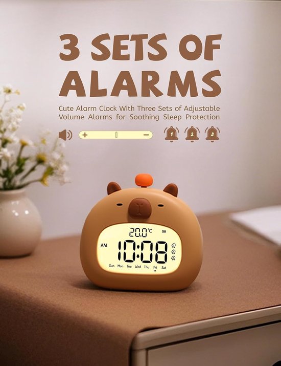 Capybara wekker - Nachtlampje kind - Kinderen leren slapen - Oplaadbaar met timer - 11.5 cm breed - Bruin — afbeelding 5