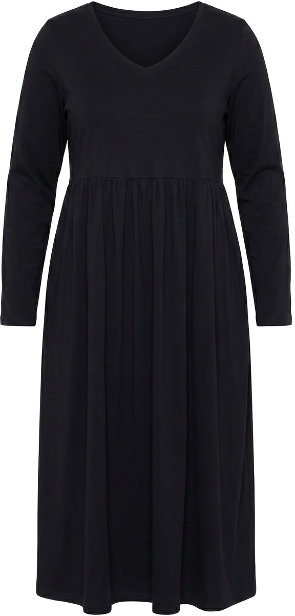 Ulla Popken - Dames - Maxi-jurk A-lijn V-hals lange mouw - Zwart - Maat 66+
