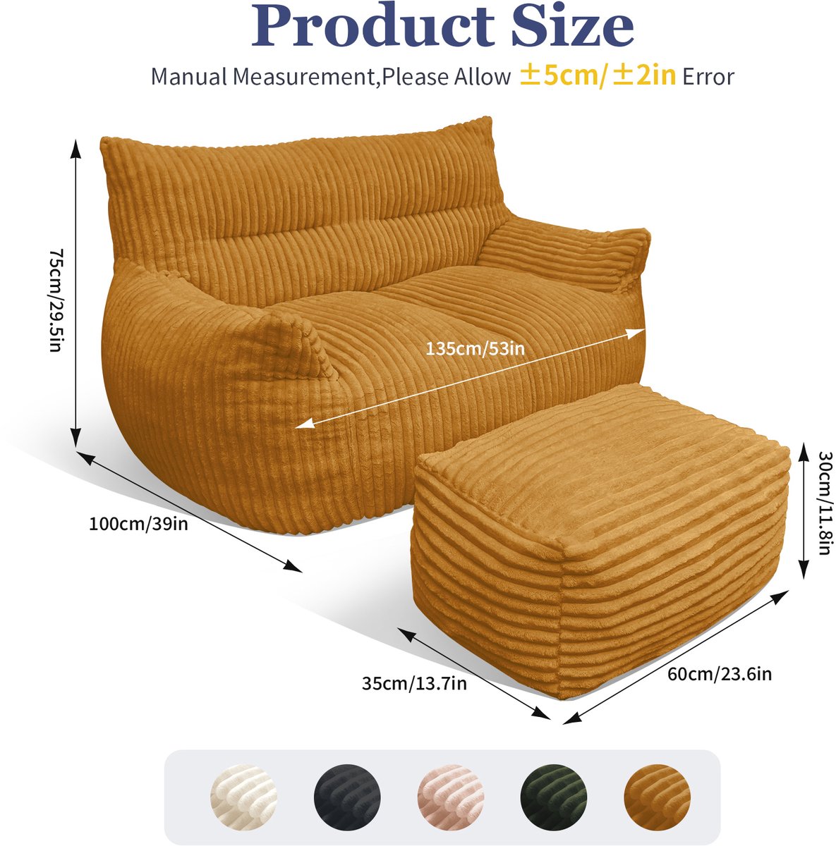 MODENUIT Zitzakstoel 135 x 100 x 75 cm - Met Rugleuning En Ottoman - Voor Woonkamer En Balkon - Stof - Geel