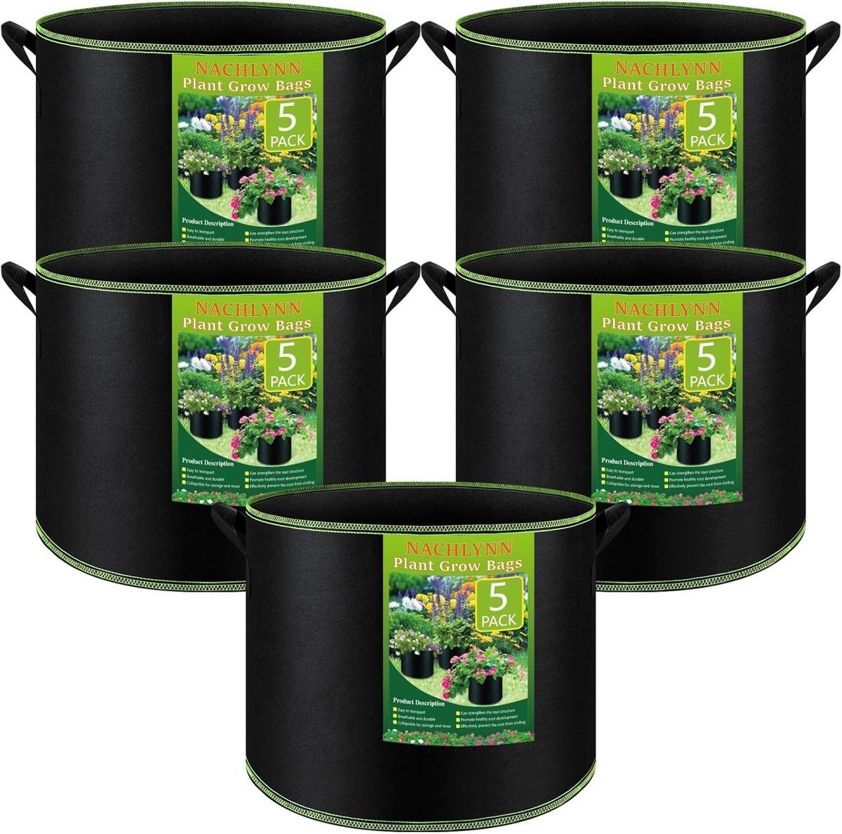5 Pack 19 Liter Groentetassen van Dikke Fleece Stof met Handvatten voor Planten, Fruit en Bloemen in de Tuin
