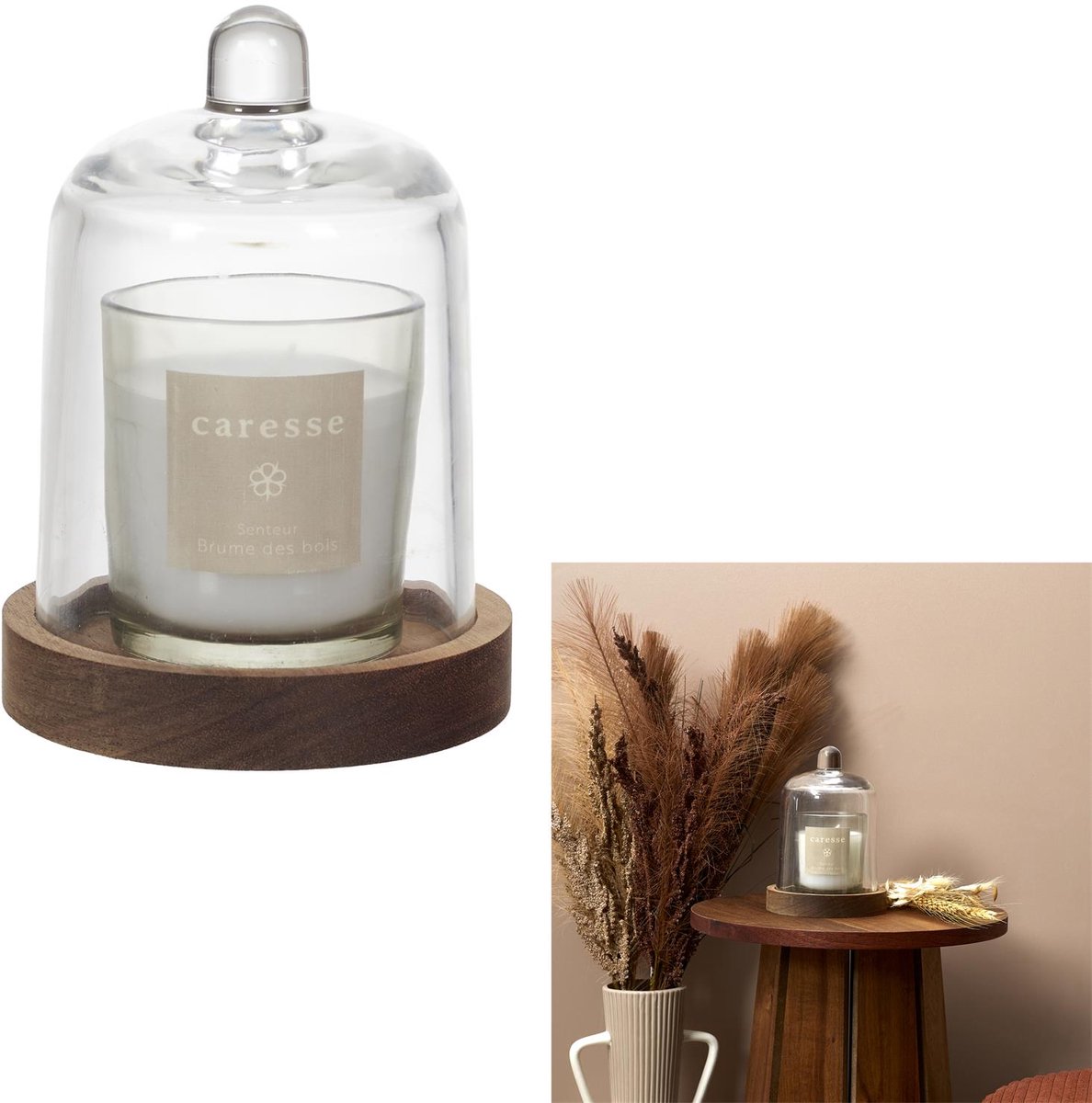 Geurkaars met Glazen Stolp & Acaciahouten Voet – Brume des Bois Bosgeur – Luxe Decoratieve Kaars Ø11 x 15 cm – Witte Kaars met Glazen Cloche – Woondecoratie