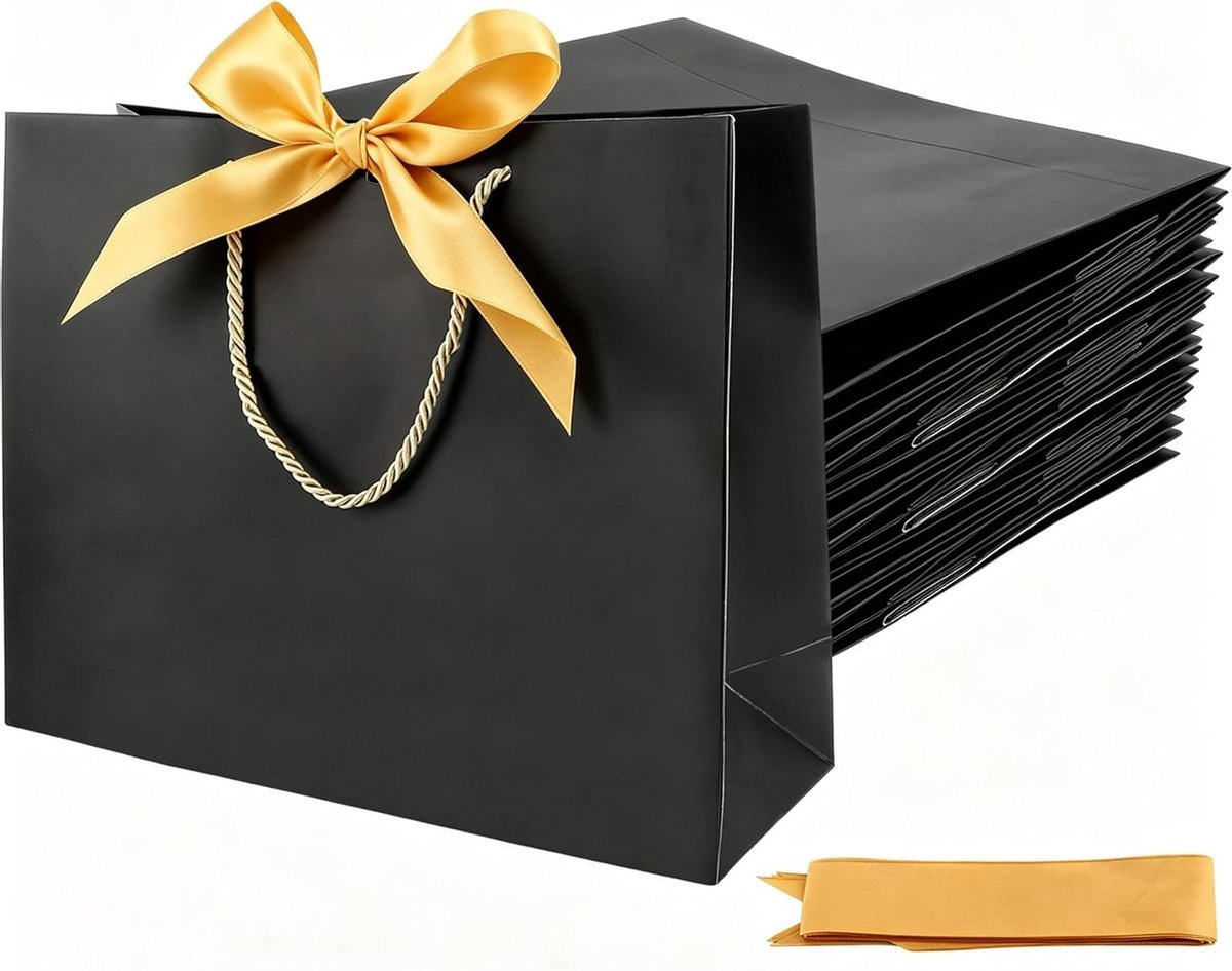24 Stuks Zwarte Cadeautassen met Gouden Strik, Set van 32x25x11cm, Ideaal voor Bruiloften, Kerst en Feestjes