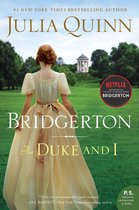 Boek "Bridgerton: The Duke and I" met op de voorkant een vrouw in een crèmekleurige jurk, met Netflix-logo.
