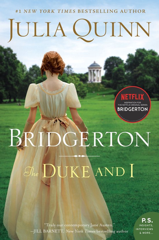 Couverture du livre "Bridgerton: The Duke and I", montrant une femme en robe crème, avec le logo Netflix.