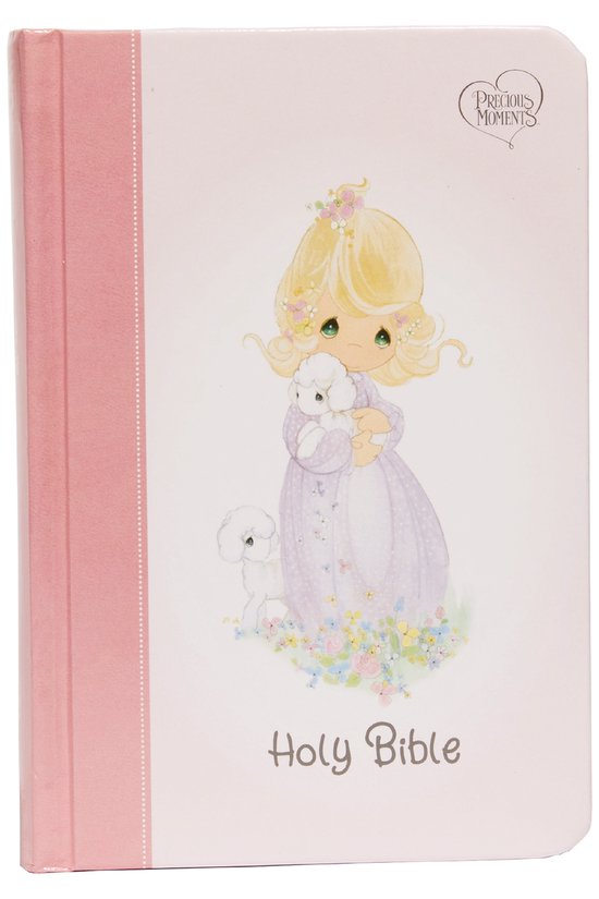 Bible 'Precious Moments' rose avec une fille tenant un agneau, texte 'Holy Bible'.