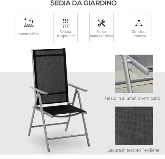 Set van 2 opvouwbare tuinstoelen van aluminium en Texteline met in 7 standen verstelbare rugleuning, zwart, 65 x 55 x 85–105 cm — afbeelding 4