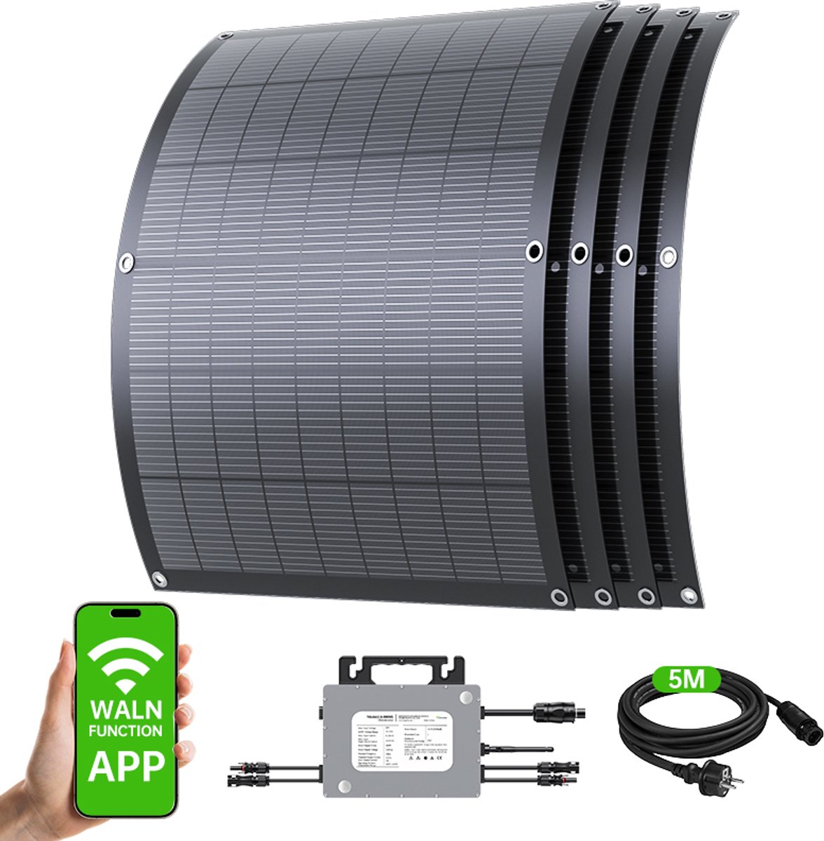 LIONSHEE LS-PV800Mi 800W Balkoncentrale met Wifi – 4x 200W Flexibele Zonnepanelen, Micro-omvormer met 2 MPPT, Plug & Play Zonnepanelenset voor Balkon, Camper en Tuin