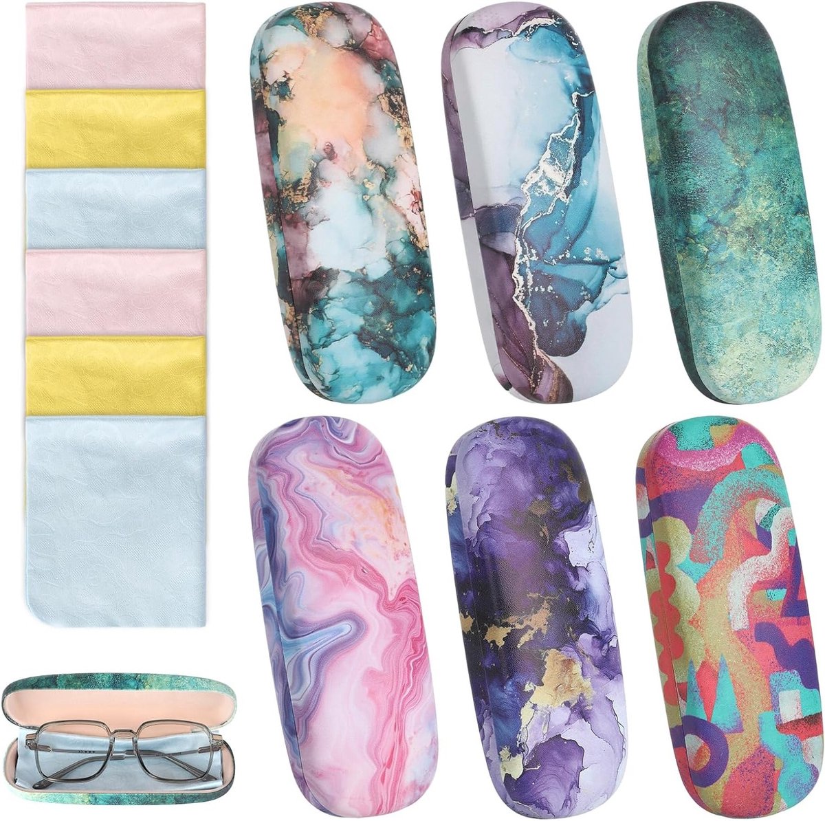 Harde Brillenkoker Set - Brillenhoesjes Beschermend - Veilige Opberging - Inclusief Poetsdoekjes - 6 Stuks - Multicolor