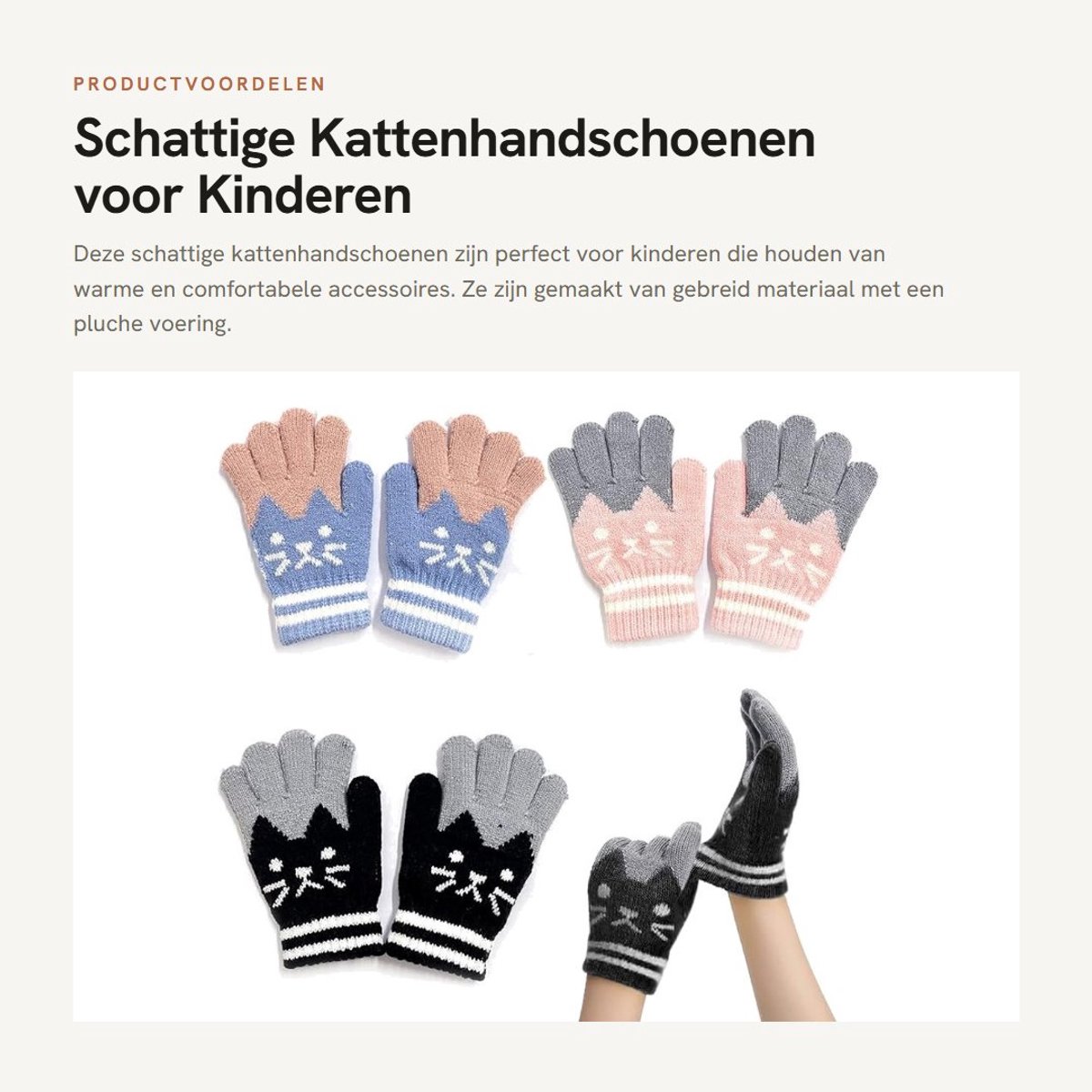 Dailygoods- Kattenhandschoenen met pluche voering - Gebreide Winterhandschoenen - Warme Handschoenen - Geschikt voor Kinderen - 3 Kleuren (lichtblauw/roze/zwart) - Fijn Vakmanschap