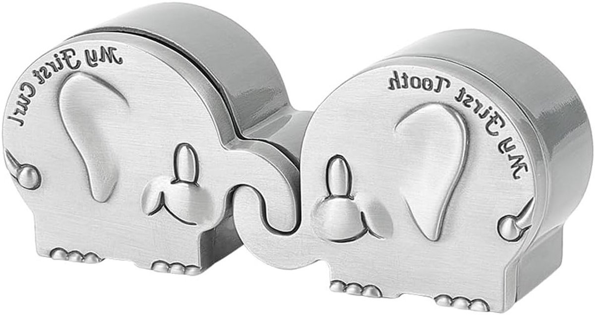 Herinneringsdoos voor Eerste Krullen en Tandjes - Antiek Zilveren Olifant - Bewaarset voor Babyherinneringen en Doopgeschenken