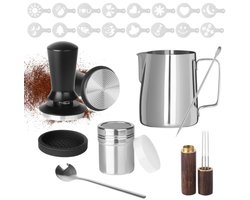 PromoHome Koffie Tamper 51 mm Set – 23-delige Espresso Accessoires met Roerlepel, 350 ml Melkkan, Latte-art Pen, Tampermat en 16 Sjablonen