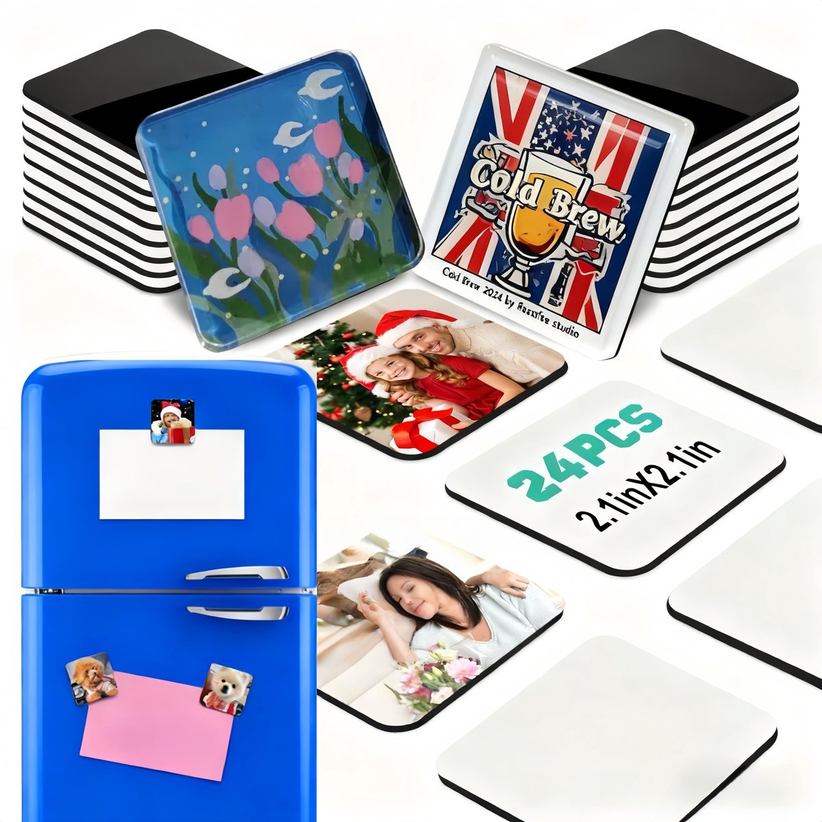 Dailygoods- Koelkastmagneten Set van 24 - Acryl Magneten - Sterke Magneetfolie - DIY Fotomagneten - Transparante Vierkanten - Duurzaam Materiaal