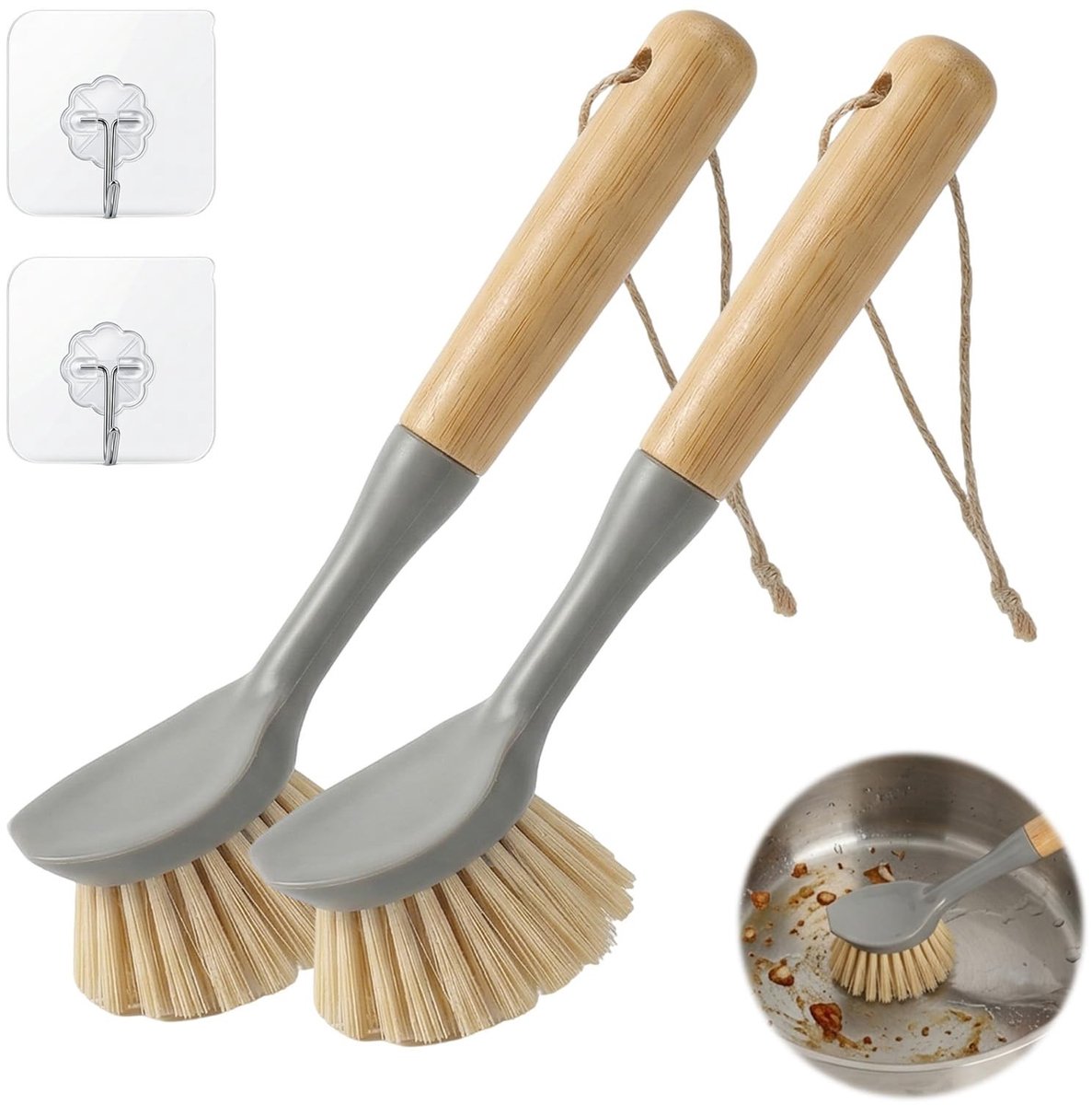 Dailygoods- Serviesborstel - Houten Handvat - Set van 2 - Keukenreinigingsborstel - Geïntegreerde Schraper - Ergonomische Grip - Robuuste Borstelharen - Afwasborstel