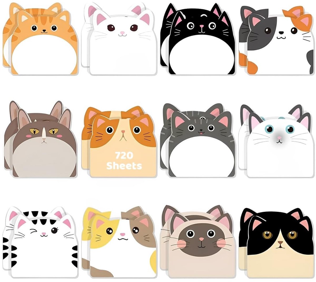 Dailygoods- Zelfklevende Notities 720 Vellen - Notitieblok 24 Stuks - Kleine Blokken - Kattenvormen - Cadeaus voor Kinderen - Aangenaam Schrijfgevoel