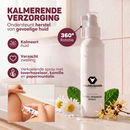 Witte sprayfles met 'Hazel Perineal Spray' label. 360° rotatie. Kalmeert de huid, verzacht zwelling, verkoelend met toverhazelaar, kamille en pepermuntolie.