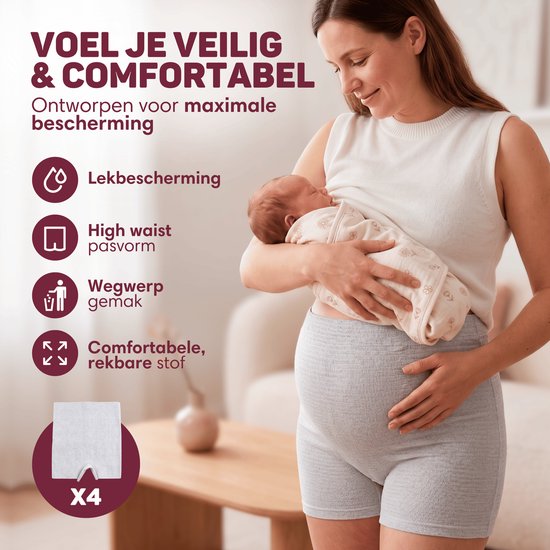 Zwangere vrouw met baby. Draagt grijs postpartum ondergoed met hoge tailleband, comfortabele, rekbare stof. Bevat lekprotectie en is wegwerpbaar. Ontworpen voor maximale bescherming.