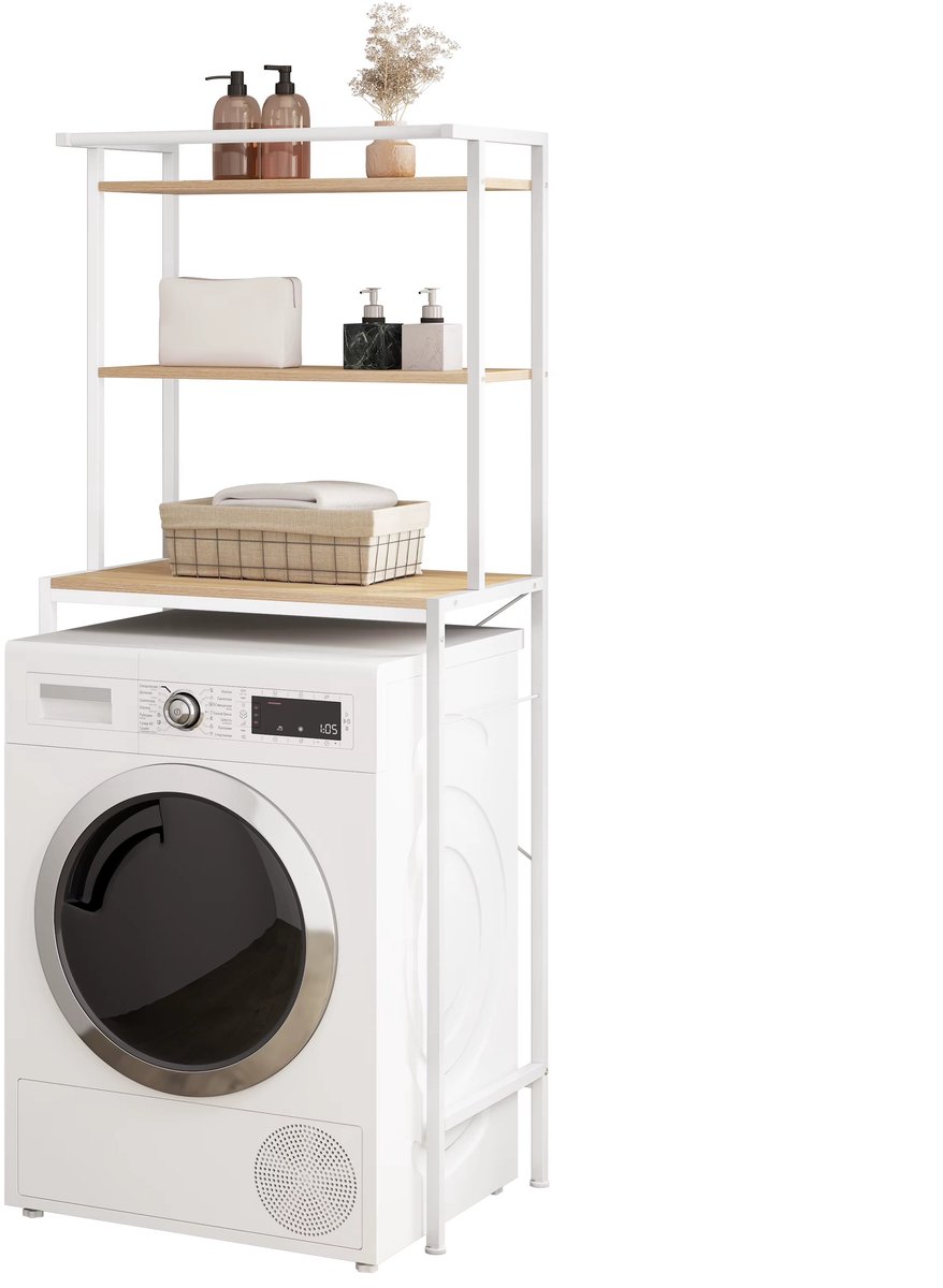 CreateEcom Wasmachine kast - Opbergrek - Opbergkast - Vochtbestendig - 3 Laags - Vloerstaand - 66 x 40 x 161,5 CM - Wit / Hout