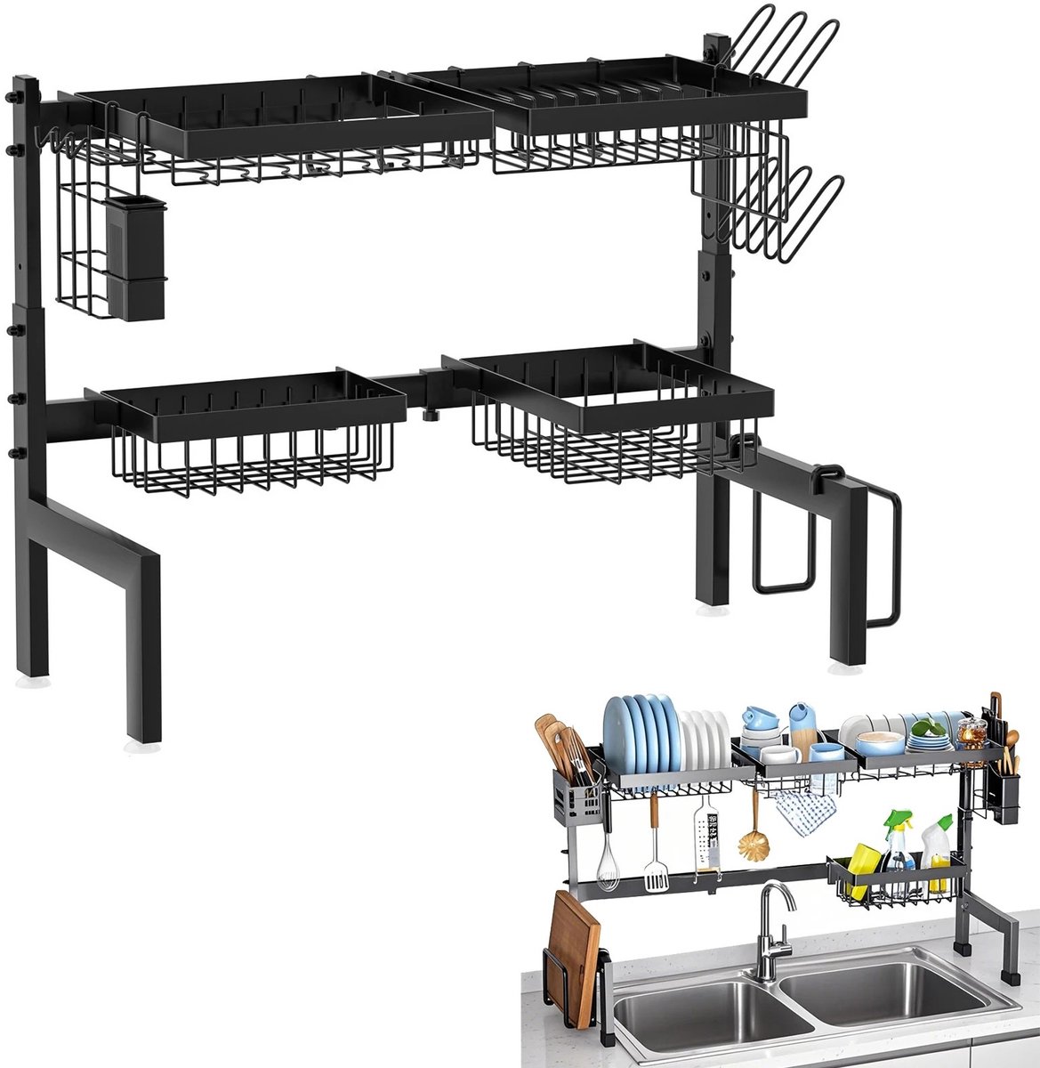 Dailygoods Keukenopbergrek Afdruiprek Rack Grote capaciteit Aanrecht Organizer Intrekbare laag Schotelplank met rubberen