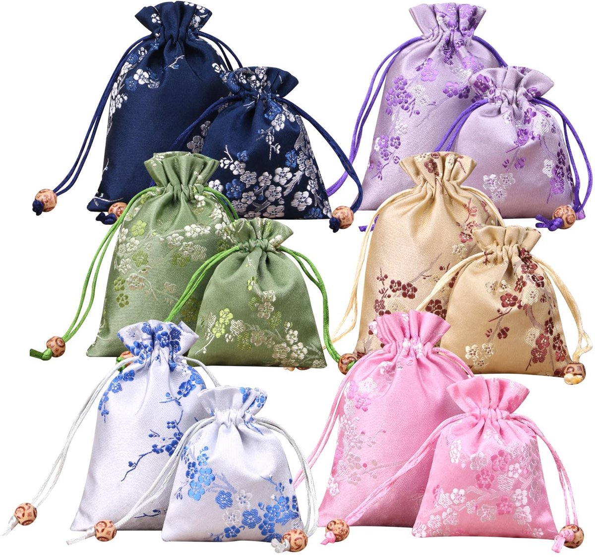 Dailygoods- Sieraden Zakje 12 Stuks - Zijden Brokaat - Trekkoord - Chinese Stijl - Geborduurd - Perfect voor Geschenken - Geschenkzakje