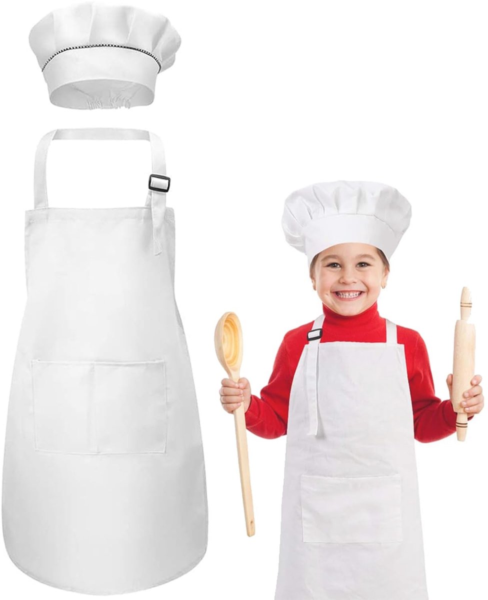 Dailygoods- Kinderschort met Koksmuts - 2 Stuks - Verstelbare Nekriem - Voorzakken - Hoogwaardig Polyester - 60*45 cm - Geschikt voor Koken en Schilderen - Kookschort