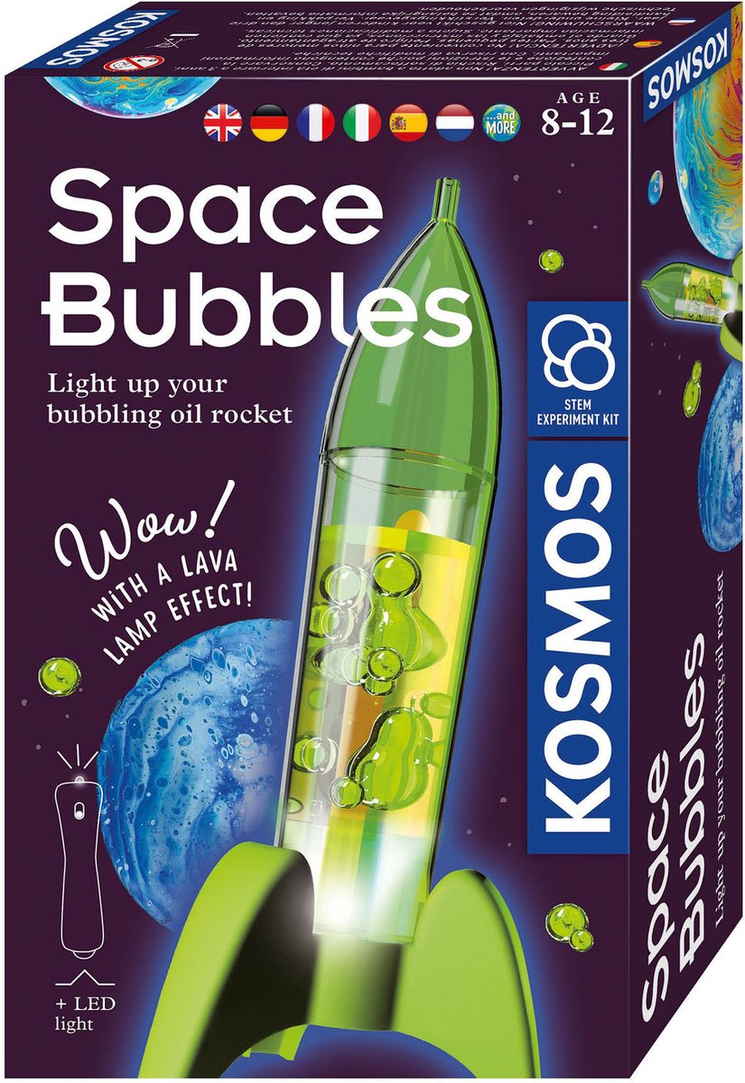 KOSMOS Space Bubbles - Experimenteerset - Maak een Bubbelraket en Lavalamp - Ontdek de Kracht van Water, Olie en Bruistabletten - Inclusief LED-verlichting - STEM Speelgoed - Vanaf 8 Jaar