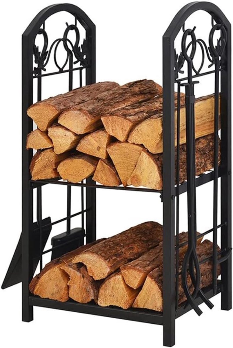 Brandhout Opbergrek - Hout Opslag - Haardhout Opslaan - Grote Capaciteit - 41x30x76cm - Zwart
