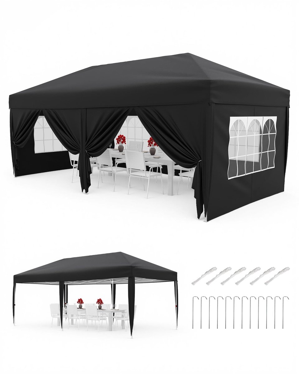 Partytent Rechthoekig met Zijwanden - 6x3m - Paviljoen Waterdicht Opvouwbaar - Pop-up UV-bescherming Hoogte Verstelbaar - Met Draagtas - voor Tuin Feest - Zwart