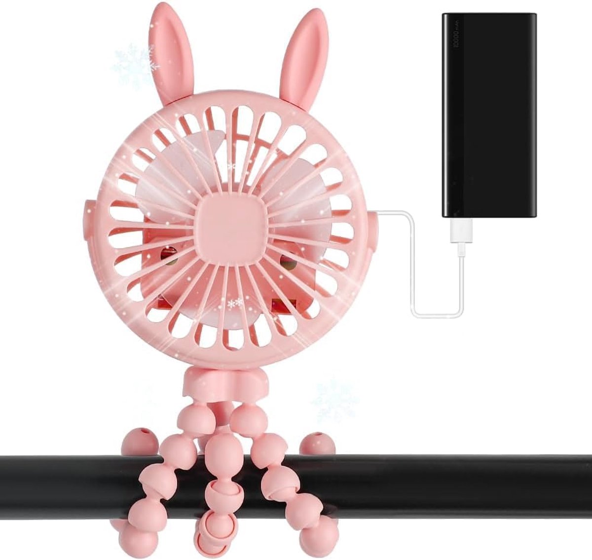 Kinderwagenventilator met flexibel statief – USB oplaadbare mini ventilator – 3 standen – roze