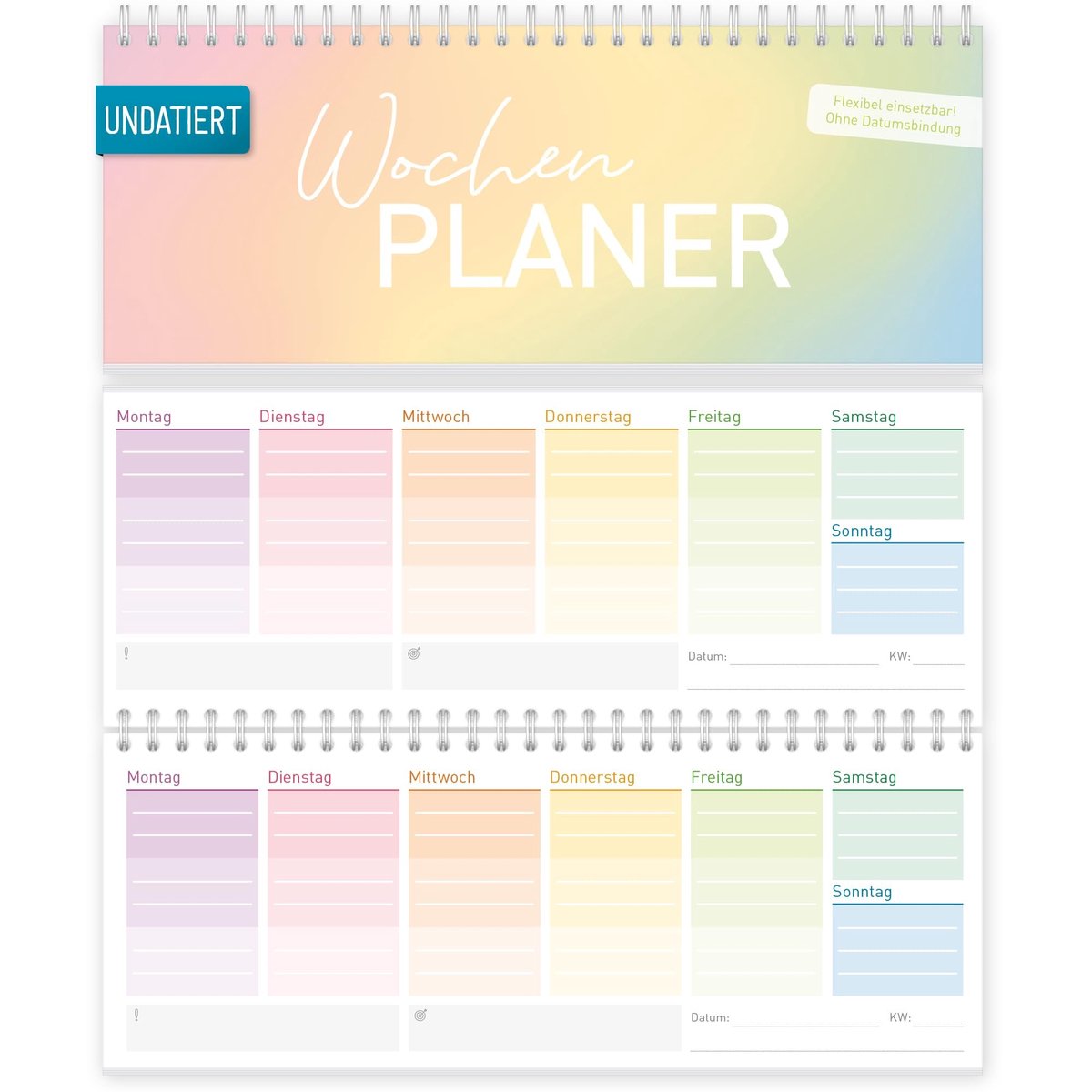 Solidchoice- Bureaukalender Ongedateerd - Weekplanner 52 Weken - Staand Formaat 26,1 x 10,5 cm - Duurzaam - Regenboogdesign - Veel Ruimte voor Notities
