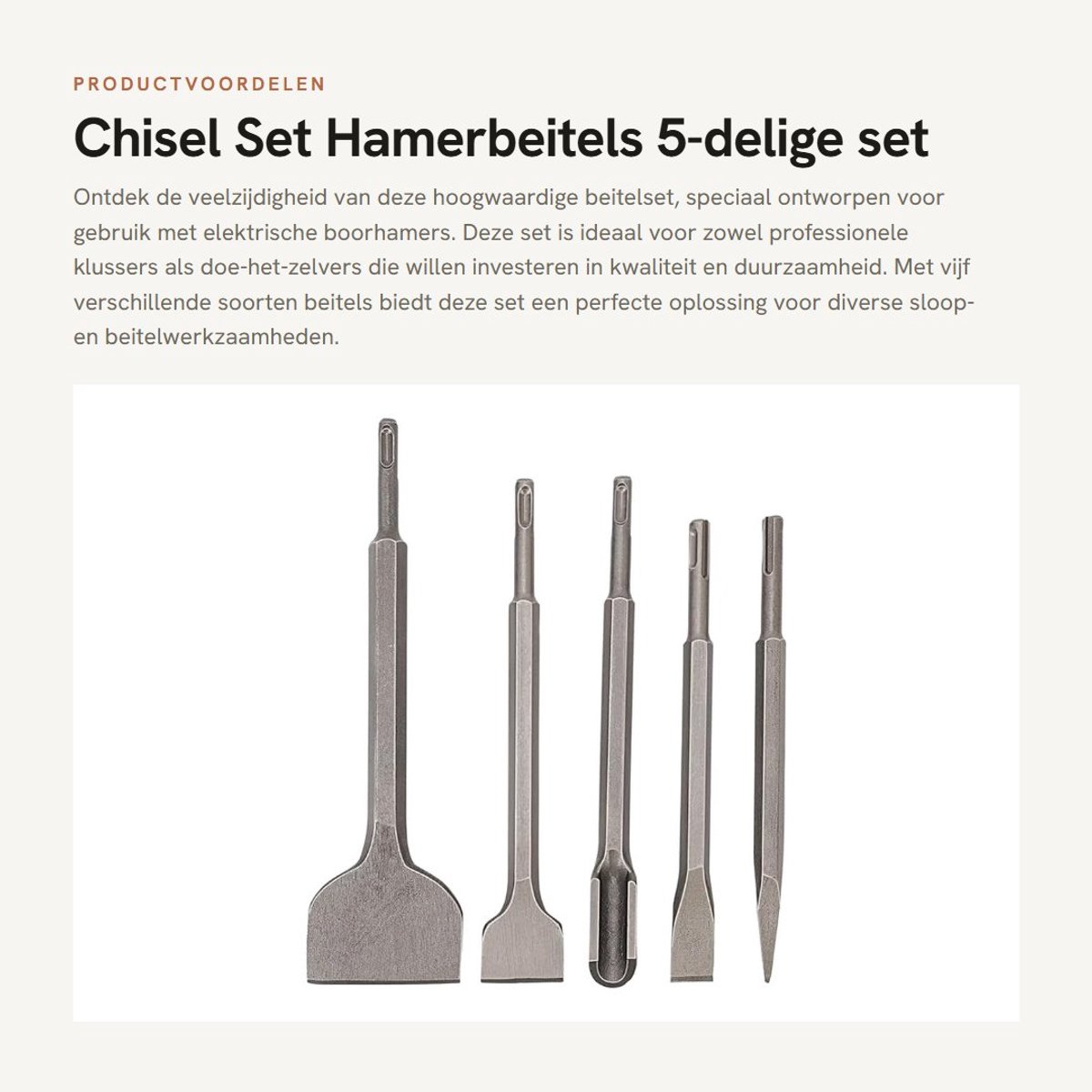 Solidchoice - Chisel Set - Hamerbeitels - 5-delige set - Hoogwaardige beitelset - Voor elektrische boorhamers - Duurzaam en sterk