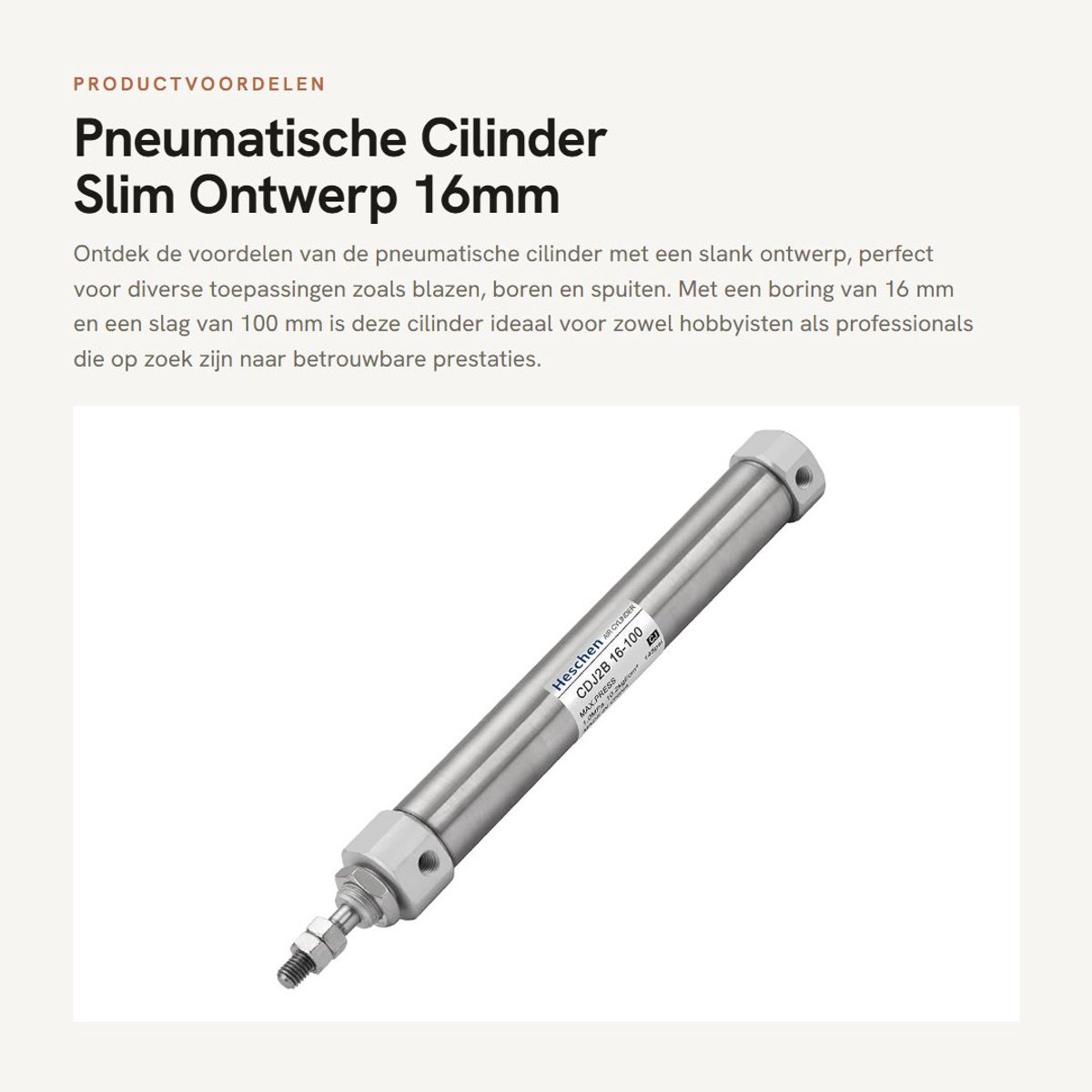 Solidchoice - Pneumatische Cilinder - Slim Ontwerp - 16mm Bore - 100mm Slag - Handmatig Bediening - Ideaal voor Diverse Toepassingen - Metaal