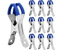 10-pack - Wasknijpers - Metalen veerklemmen - Meubelklemmen - Windbestendige, sterke klemmen - Multifunctioneel - Roestvrij staal - Geschikt voor waslijnen buiten, strandstoelen, tafelkleden en kleding - 11*2,4*5,8 cm - Blauw
