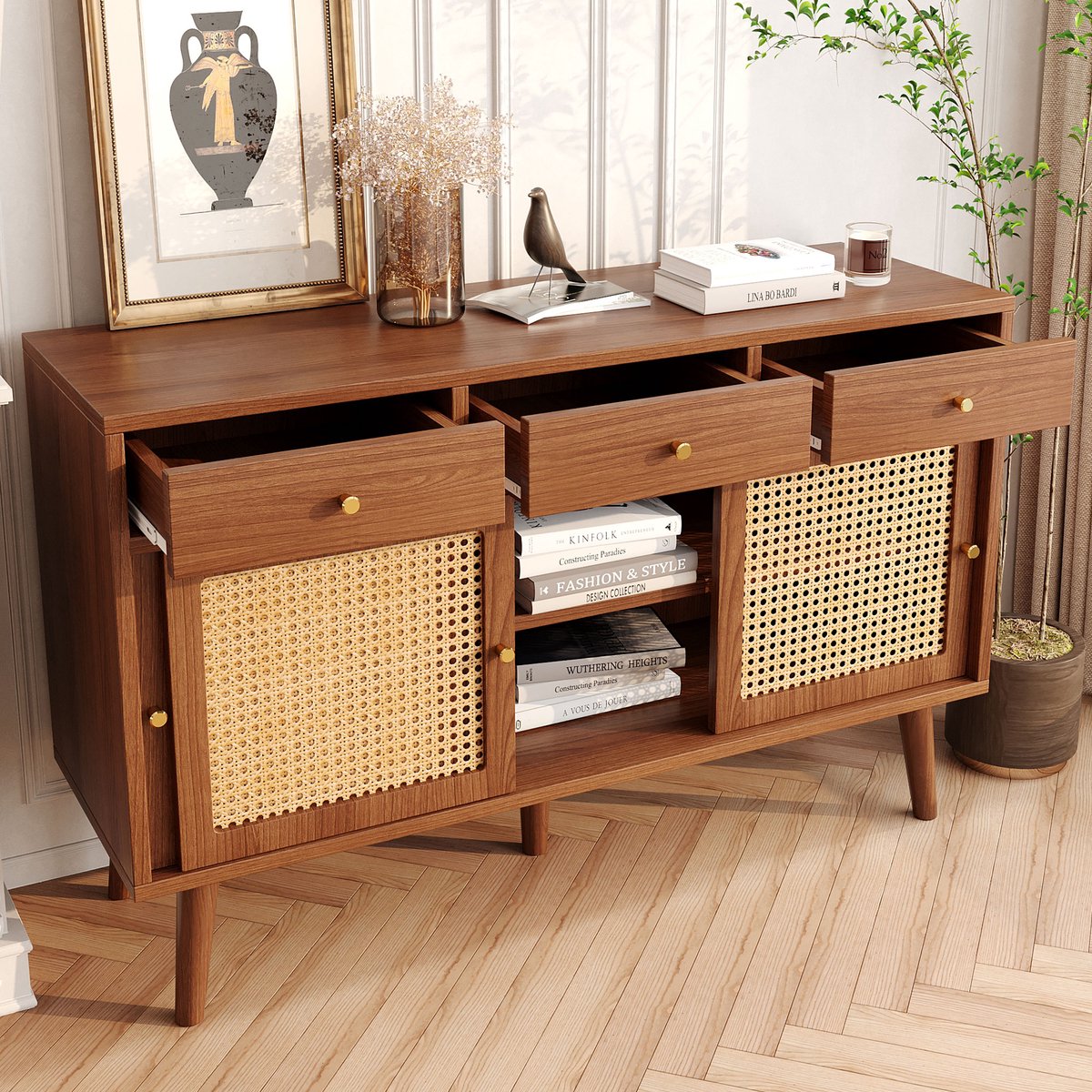 Dressoir 120x40x78cm - met 3 lades - deur met rotan weefsel - gouden handgrepen - verstelbare plank - walnootkleur