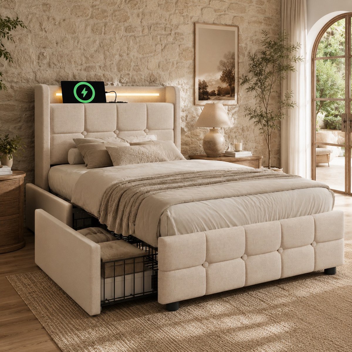 Eenpersoonsbed 90x200 cm - Gestoffeerd bed met USB-oplaadfunctie, hoofdbord, ledverlichting en 2 lades - bedframe met opbergruimte - lattenbodem van hout - Beige (matras niet inbegrepen)