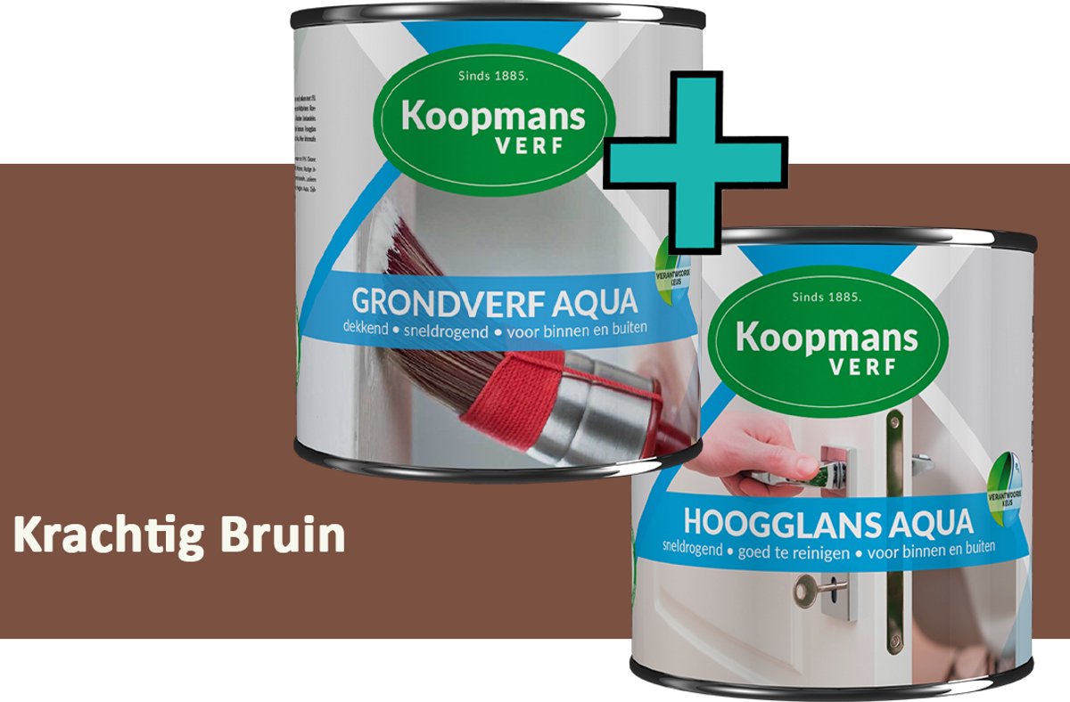 Koopmans Grondverf Aqua en Hoogglans Aqua Verfset - Binnen en Buiten - Krachtig Bruin - 2x 2,5 l
