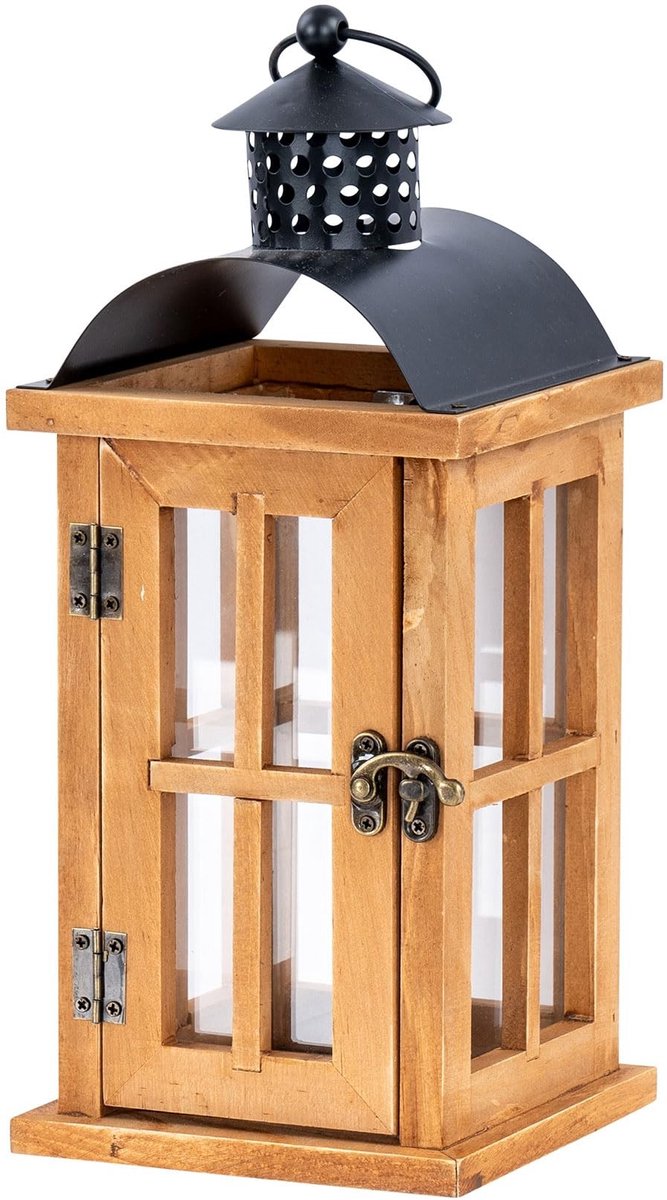 Dailygoods - Bruine Houten en Metaal Lantaarn - Modern Windlicht voor Tuin en Woondecoratie 29 cm