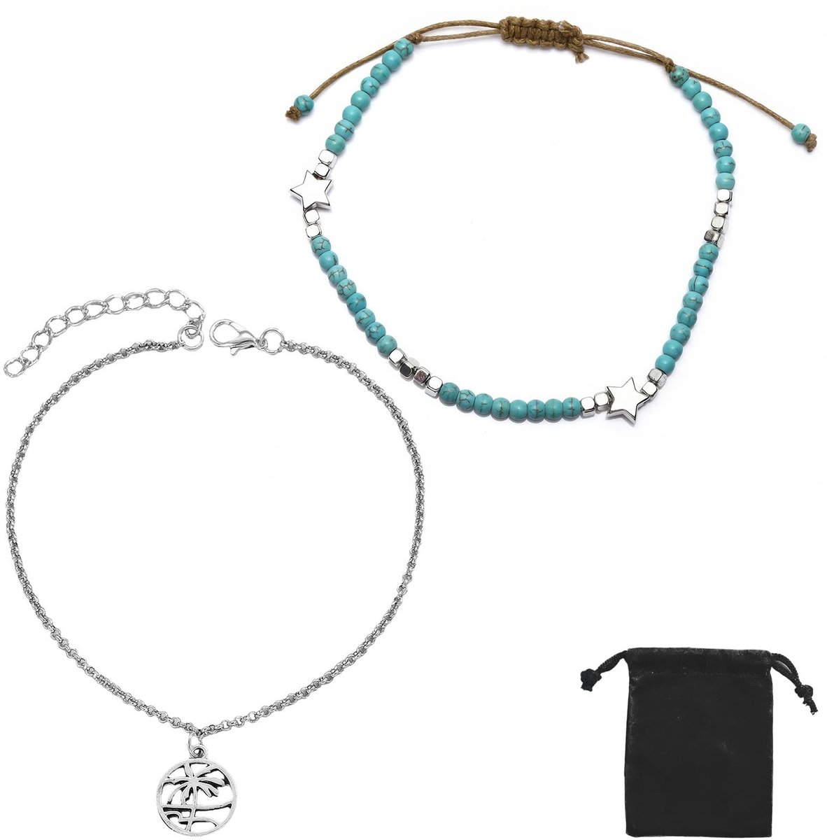 Dailygoods- Enkelkettinkje Boho - 2 Stuks - Verstelbaar 23/14 cm - Elastisch Voetsieraad - Turquoise Legering - Perfect Cadeau voor Dames - Enkelbandje