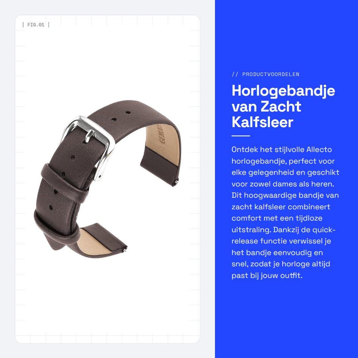 Dailygoods- Horlogebandje Zacht Kalfsleer - Quick-release - Universeel Reservebandje - Roestvrij Stalen Gesp - 18/20/22 mm - 12,5+7,5 cm Lengte - Horlogeband