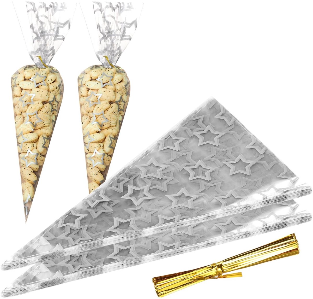 Dailygoods- Snoepzakjes Transparant - 50 Stuks - 17 x 30 cm - Sterpatroon - Geschikt voor Verjaardagen/Bruiloften - Herbruikbaar - Traktatietasjes