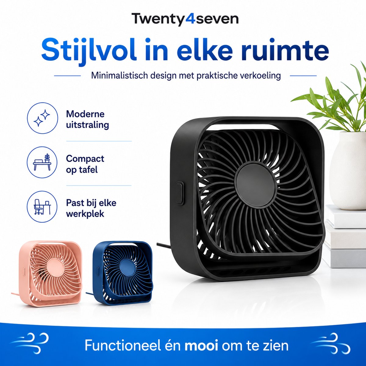 Twenty4seven® Mini Tafelventilator - Ventilator Oplaadbaar - Handventilator Zwart - Vloerventilator met 3 Standen — afbeelding 6